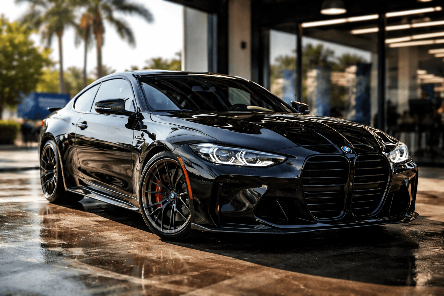 Black luxury sedan after premium exterior detailing