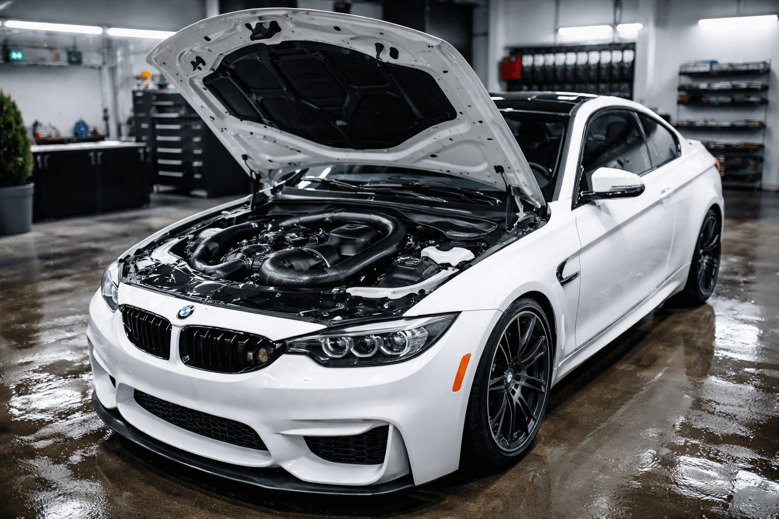 White performance car with detailed engine bay open