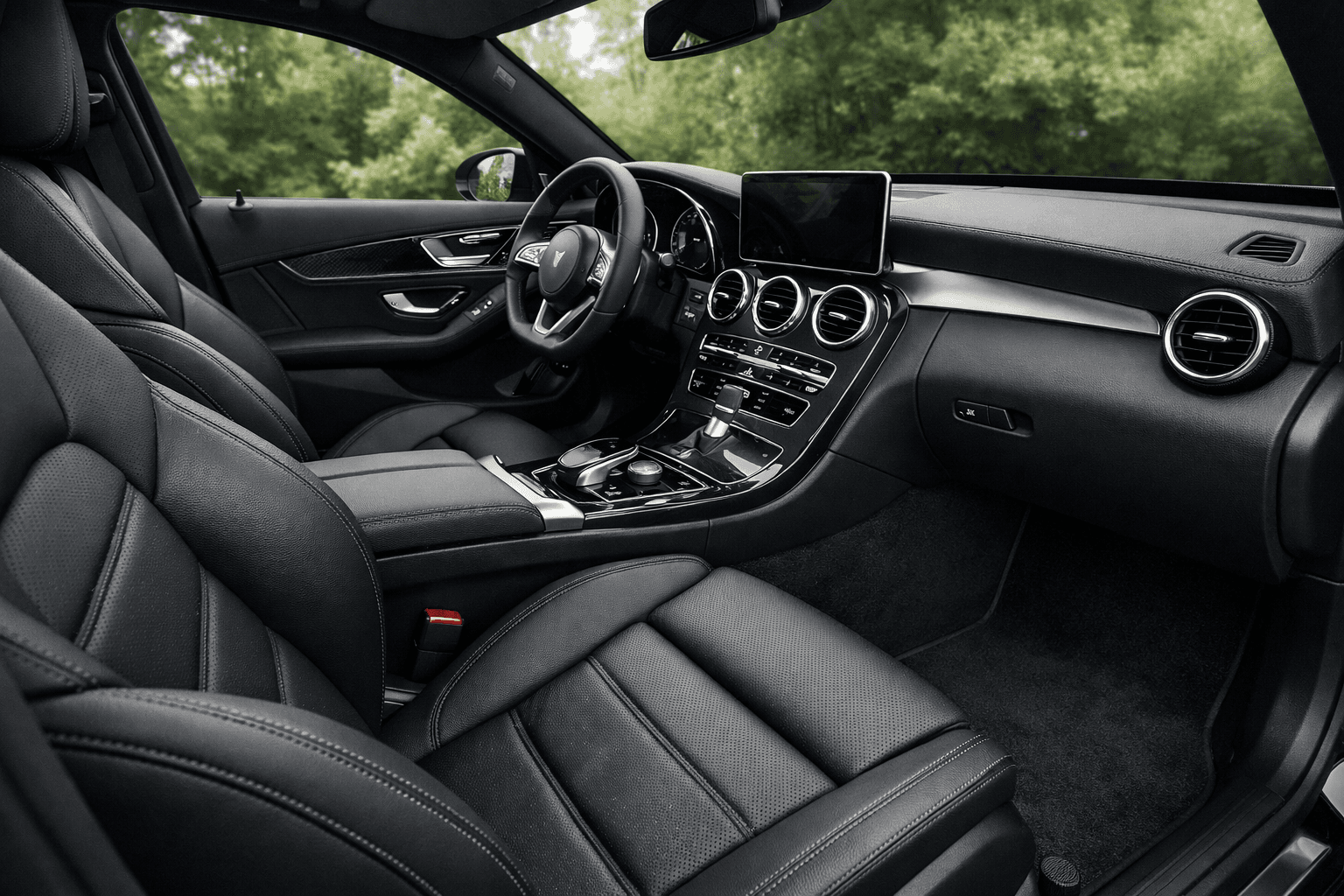 Premium black leather vehicle interior after detailing
