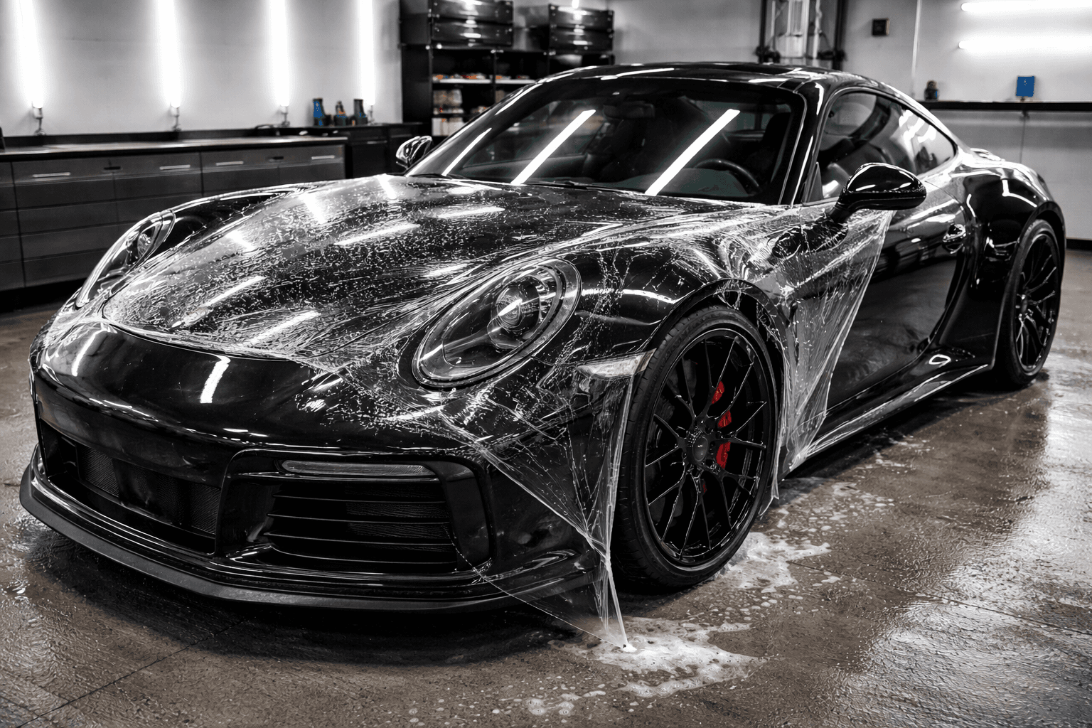 Black sports car during PPF film protection application