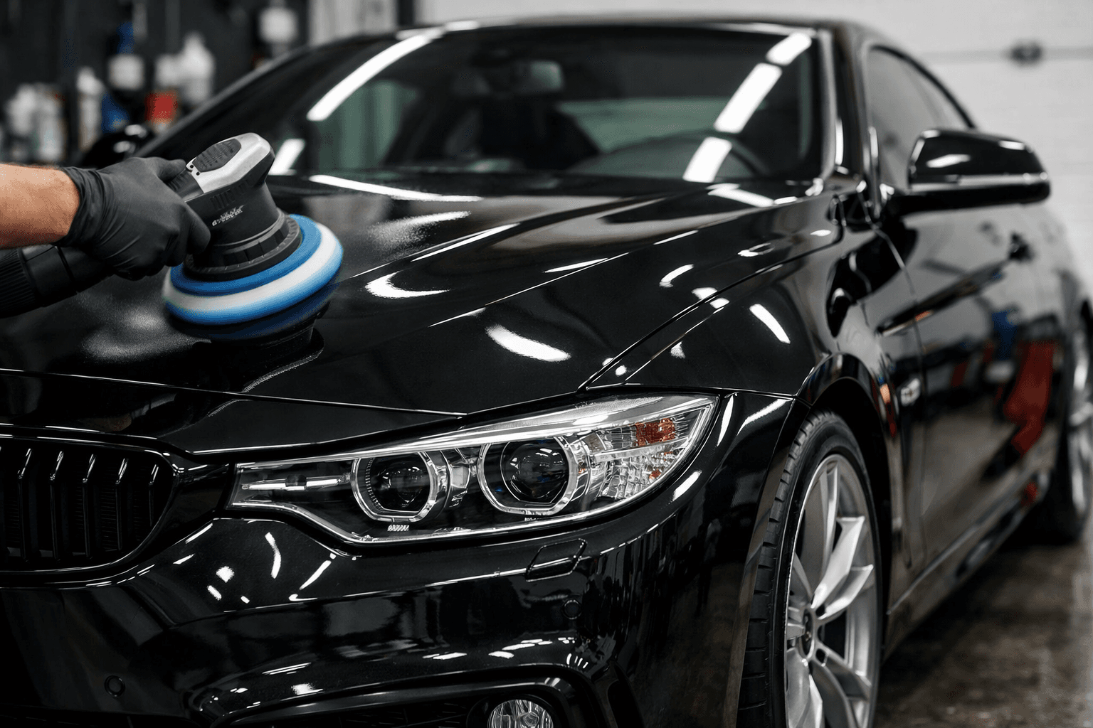 Machine paint correction polishing on black vehicle